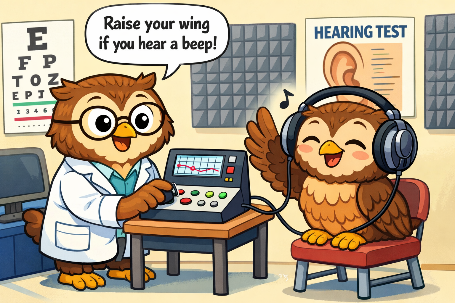 Cartoon owls completing a hearing test